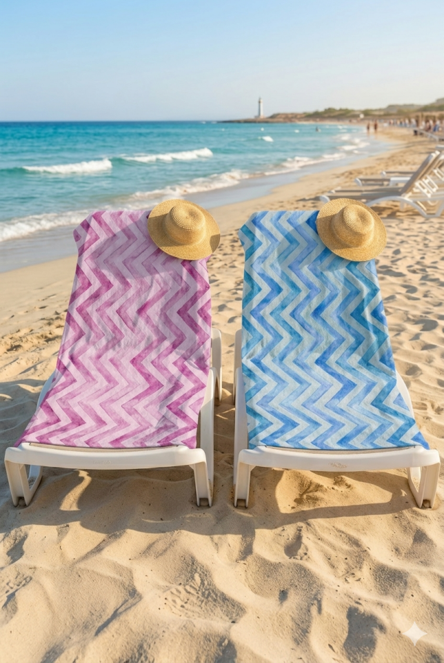 Dijital Baskılı Plaj Havlusu 70x150cm Mavi-Fuşya Çift Set