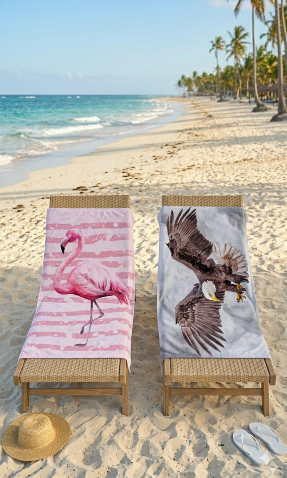 Dijital Baskılı Plaj Havlusu 70x150cm Flamingo-Kartal Çift Set